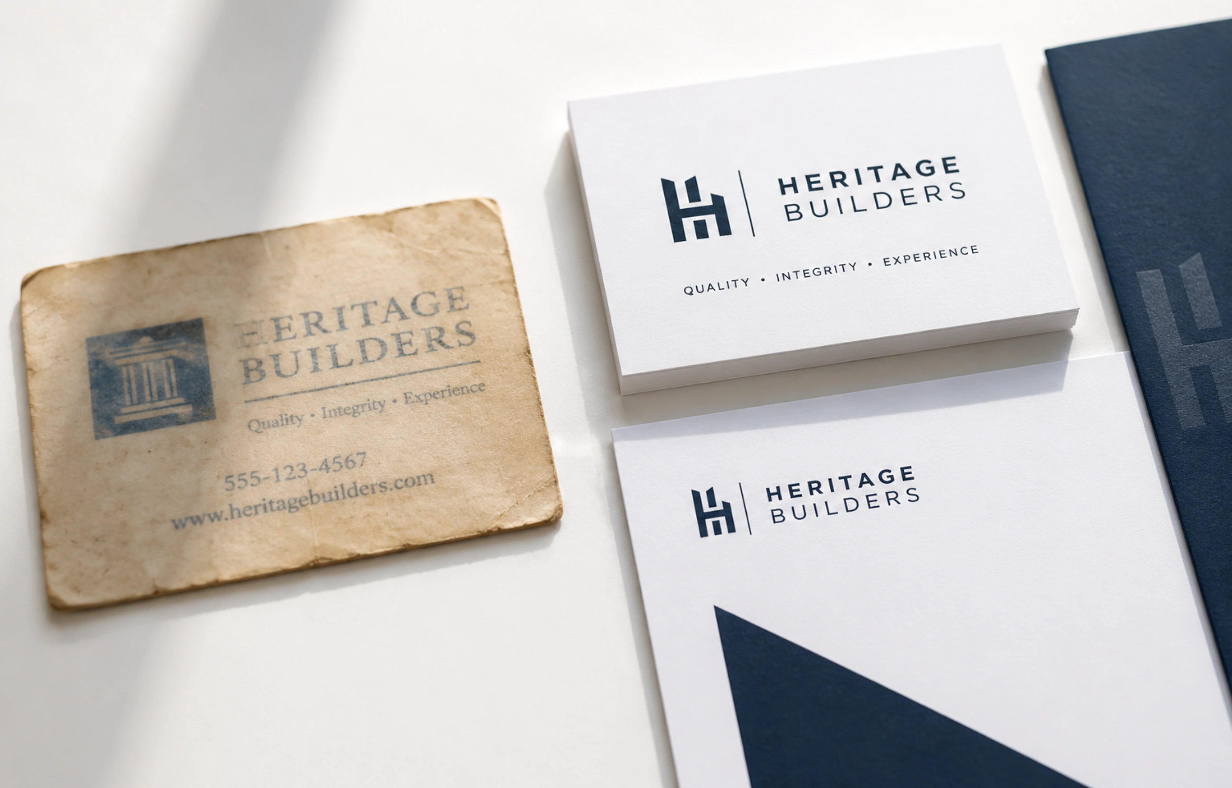 The hidden cost of an outdated brand: side-by-side comparison of faded old brand collateral and a clean modern brand identity on a white desk.