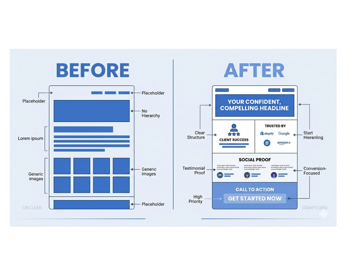 Before and after wireframe graphic showing a generic service business website versus a premium, trust-building alternative.