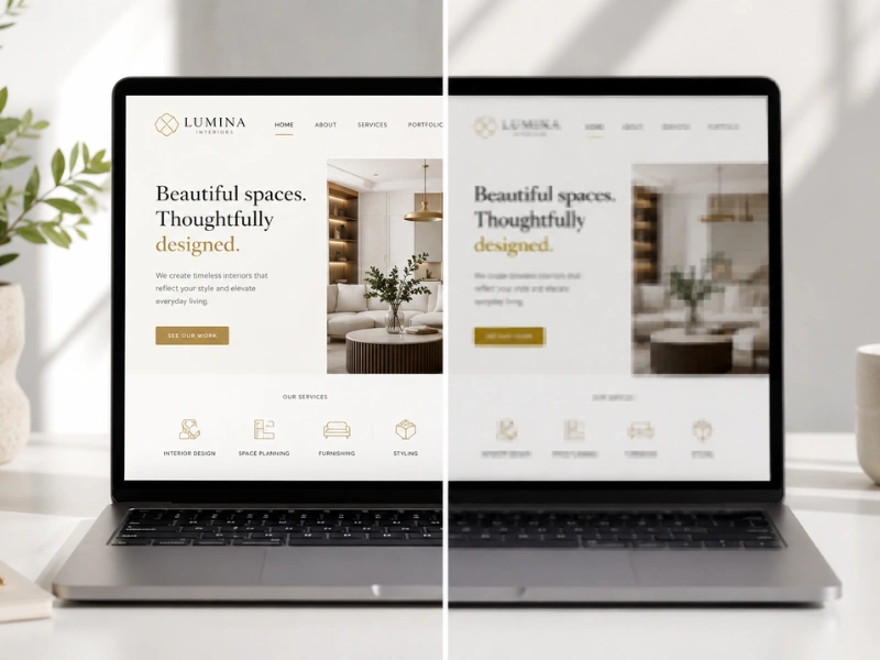 The trust gap in service business branding: split image showing a polished premium website versus a blurred, unconvincing version of the same.