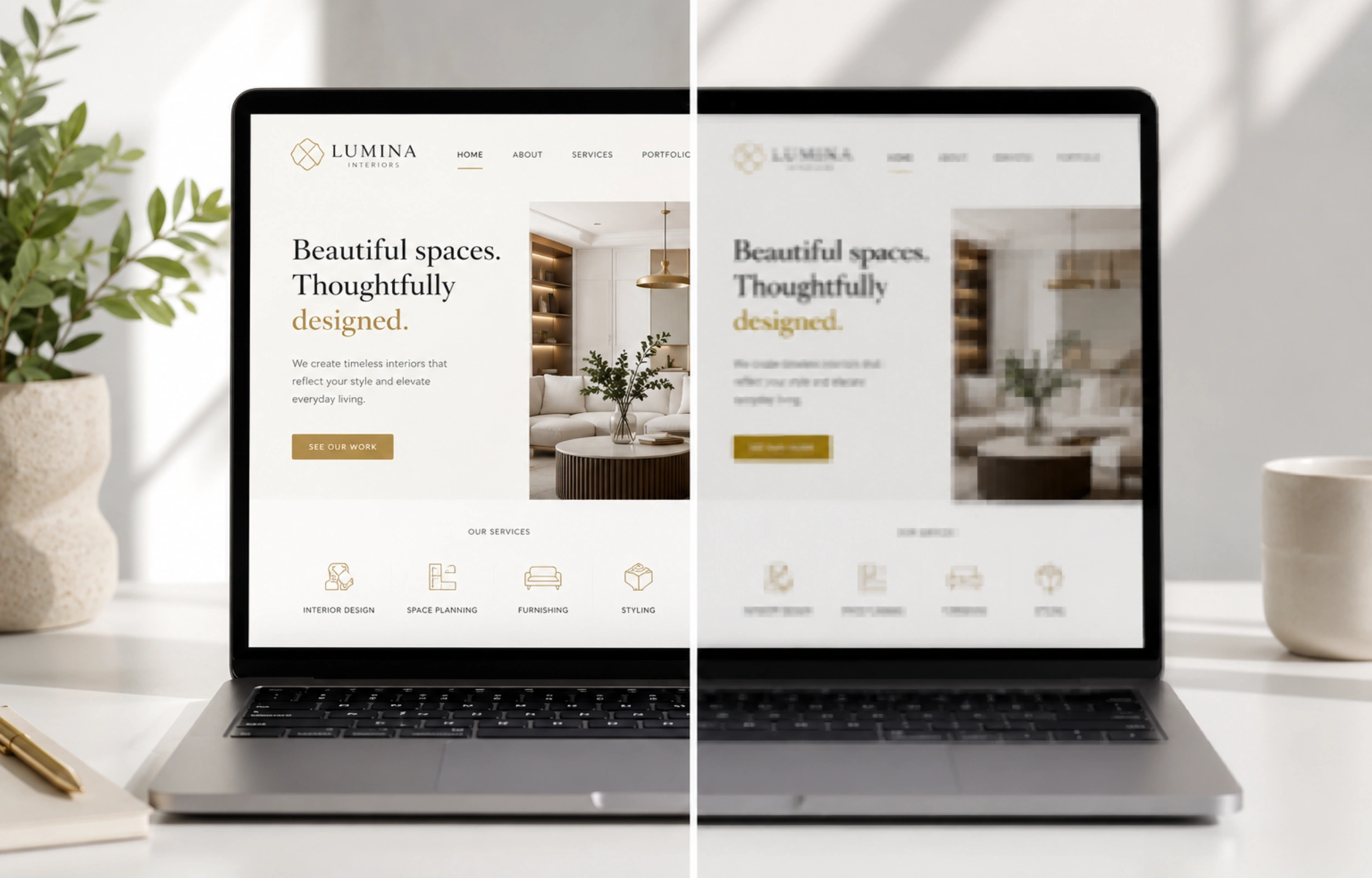 The trust gap in service business branding: split image showing a polished premium website versus a blurred, unconvincing version of the same.