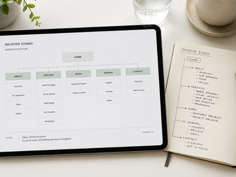 Must-have pages for a service business website: tablet showing a website structure diagram on a clean desk with a handwritten sitemap notebook beside it.