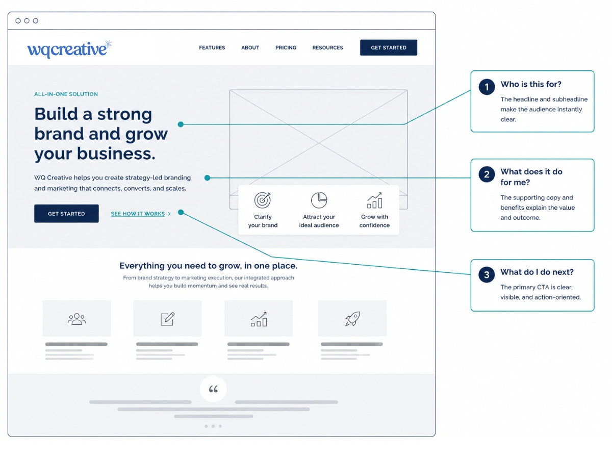 Wireframe homepage diagram with three callout arrows showing the questions a hero section must answer: who is this for, what does it do for me, what do I do next.