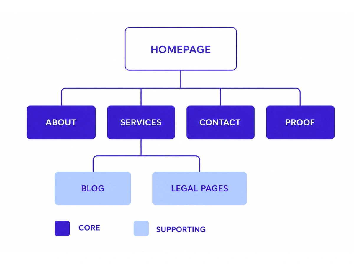 Site map diagram showing the recommended page structure for a service business website: core pages (Homepage, About, Services, Contact, Proof) and supporting pages (Blog, Legal).