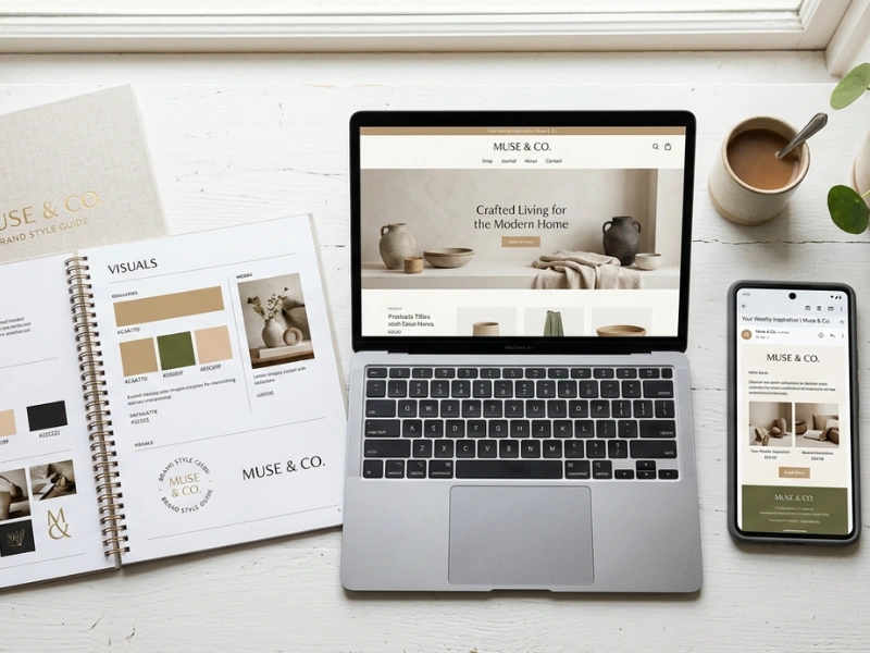What to invest in first: brand, website, or marketing. Three connected elements laid out in sequence on a clean white desk.