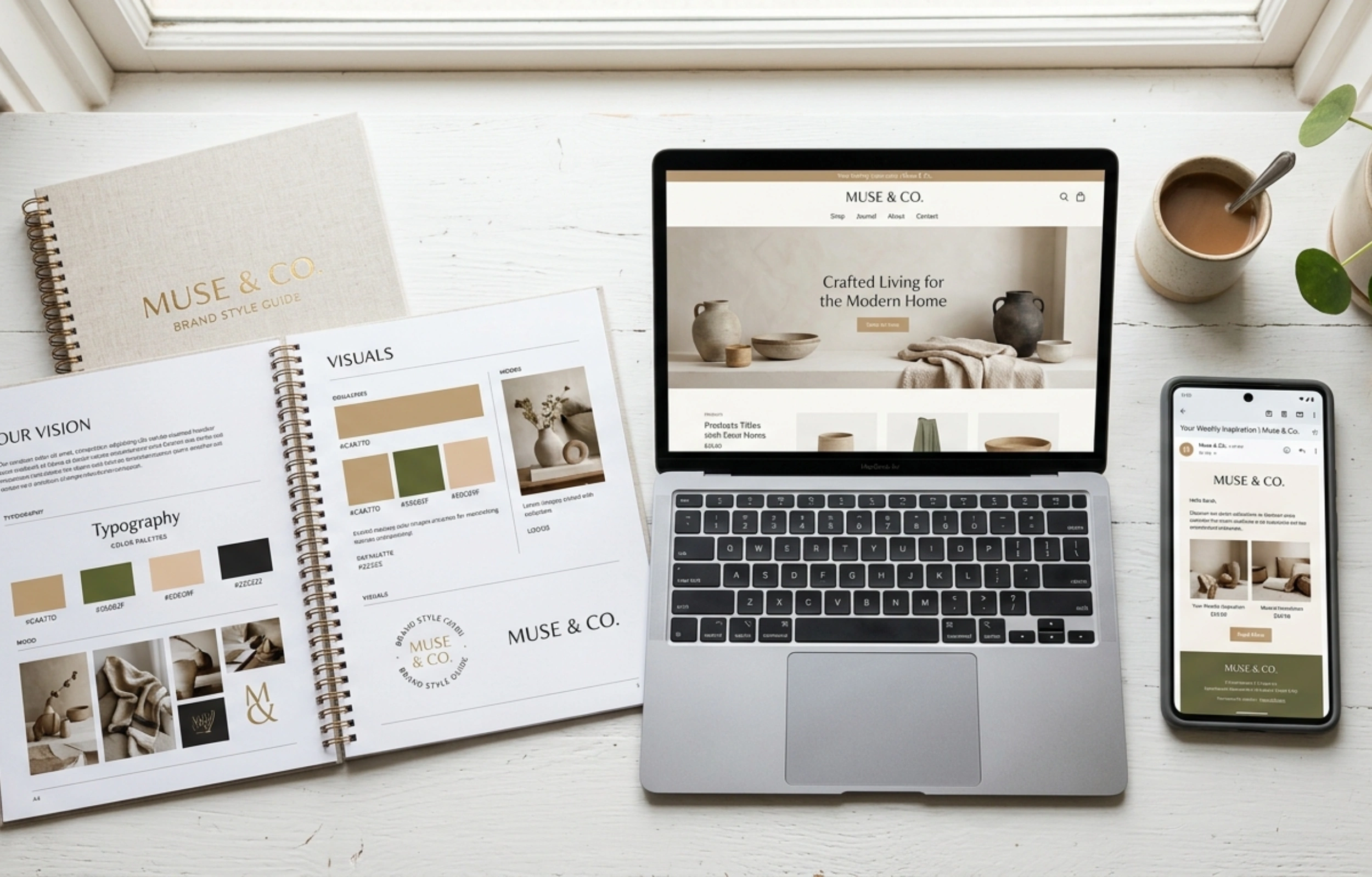 What to invest in first: brand, website, or marketing. Three connected elements laid out in sequence on a clean white desk.