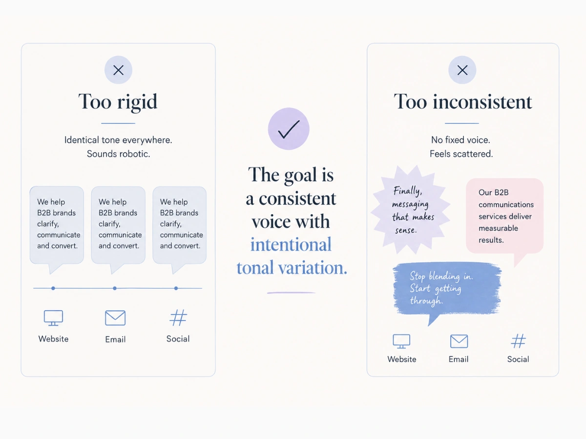 Two-panel graphic contrasting the failure modes of brand voice: too rigid (identical tone everywhere) and too inconsistent (no fixed voice foundation).