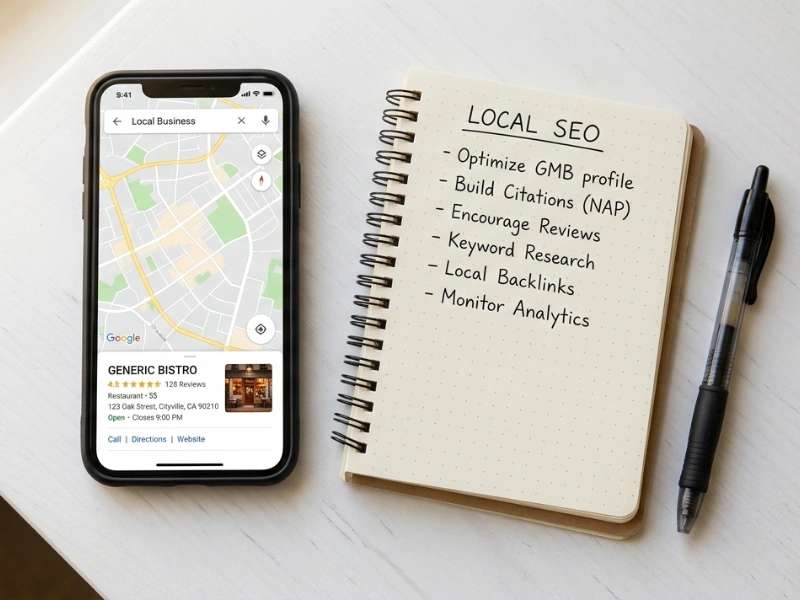 Local SEO for Australian service businesses: smartphone showing a Google Maps local business result on a clean white desk with a notebook beside it.