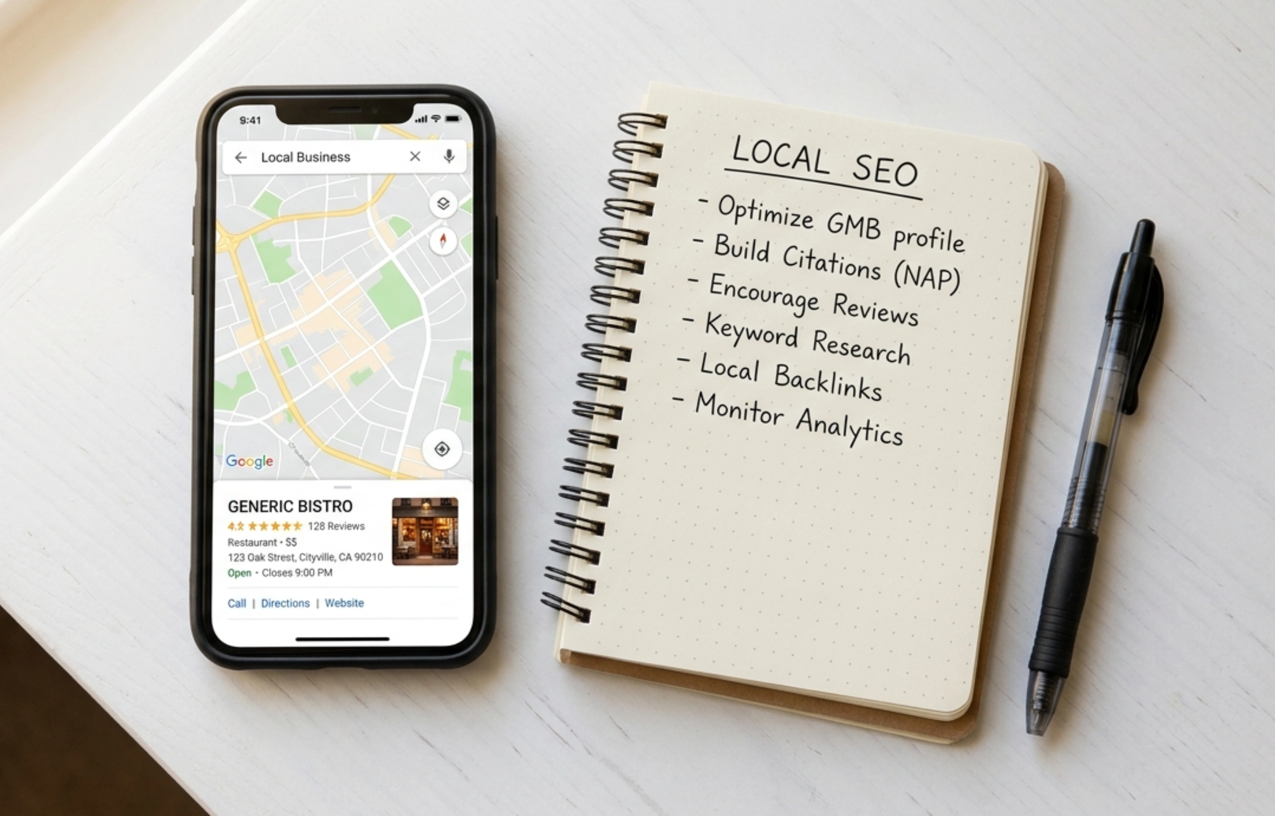 Local SEO for Australian service businesses: smartphone showing a Google Maps local business result on a clean white desk with a notebook beside it.