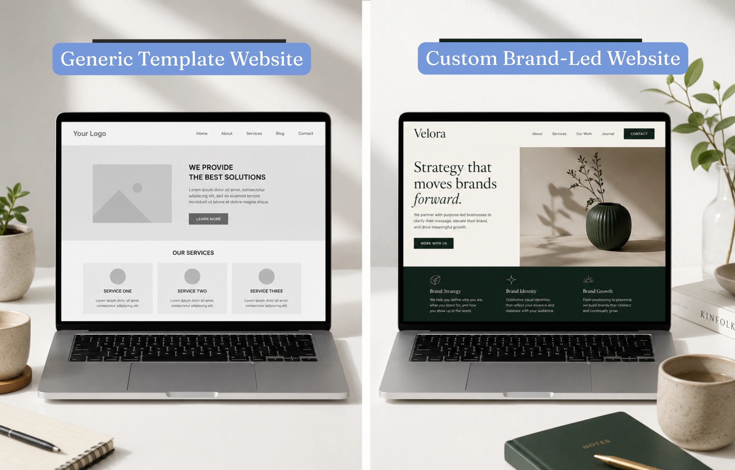 Template vs custom website: two laptops side by side on a white desk, one showing a generic template layout and one showing a custom branded website design.
