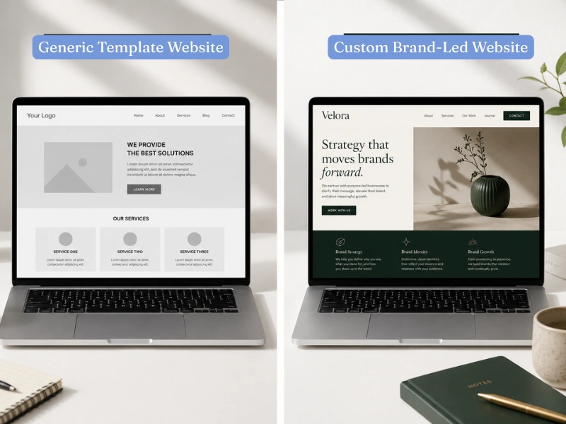 Template vs custom website: two laptops side by side on a white desk, one showing a generic template layout and one showing a custom branded website design.
