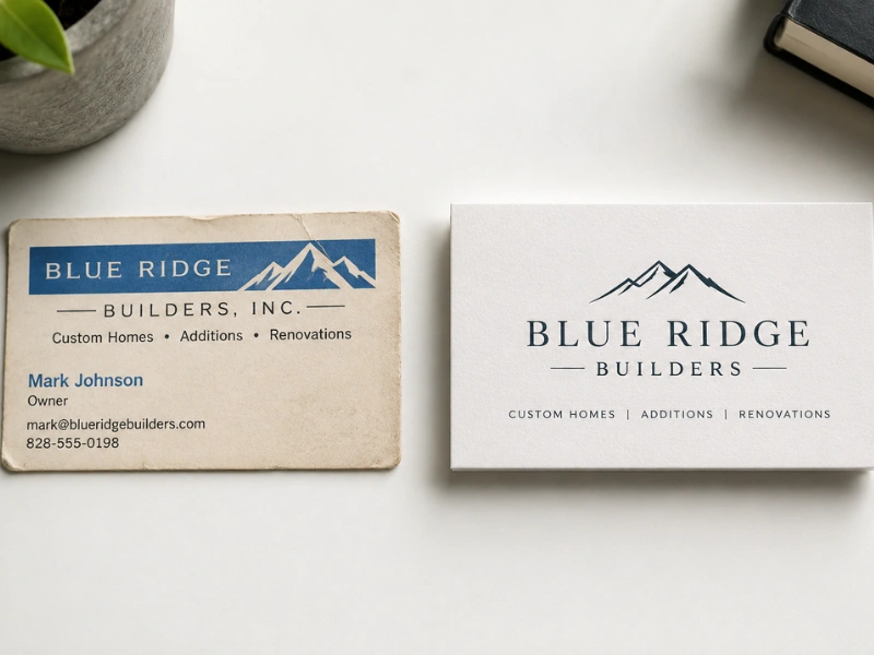 Your business grew, your brand didn't: two brand identity cards side by side showing the gap between an early-stage brand and a current premium presentation.