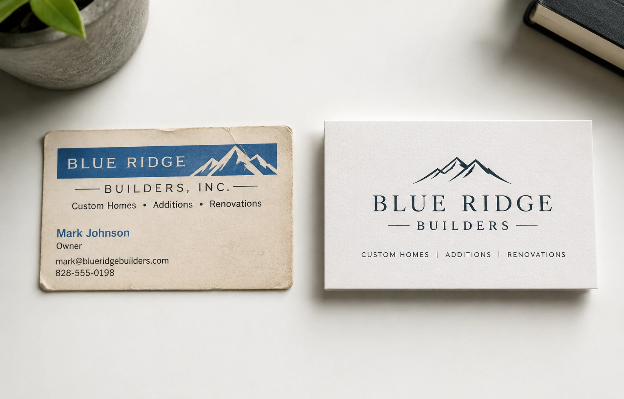 Your business grew, your brand didn't: two brand identity cards side by side showing the gap between an early-stage brand and a current premium presentation.