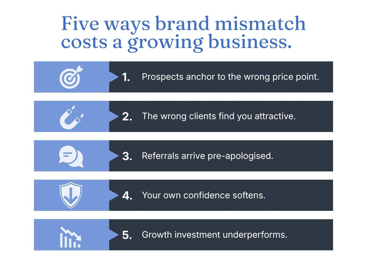 Five-row graphic showing the costs of brand mismatch for a growing service business: wrong price anchoring, wrong clients, disclaimer referrals, softened confidence, and underperforming investment.