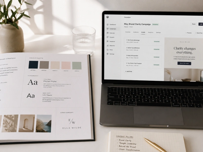 Branding vs marketing: split image showing a brand style guide on the left and a marketing campaign on a laptop on the right, on the same clean desk.