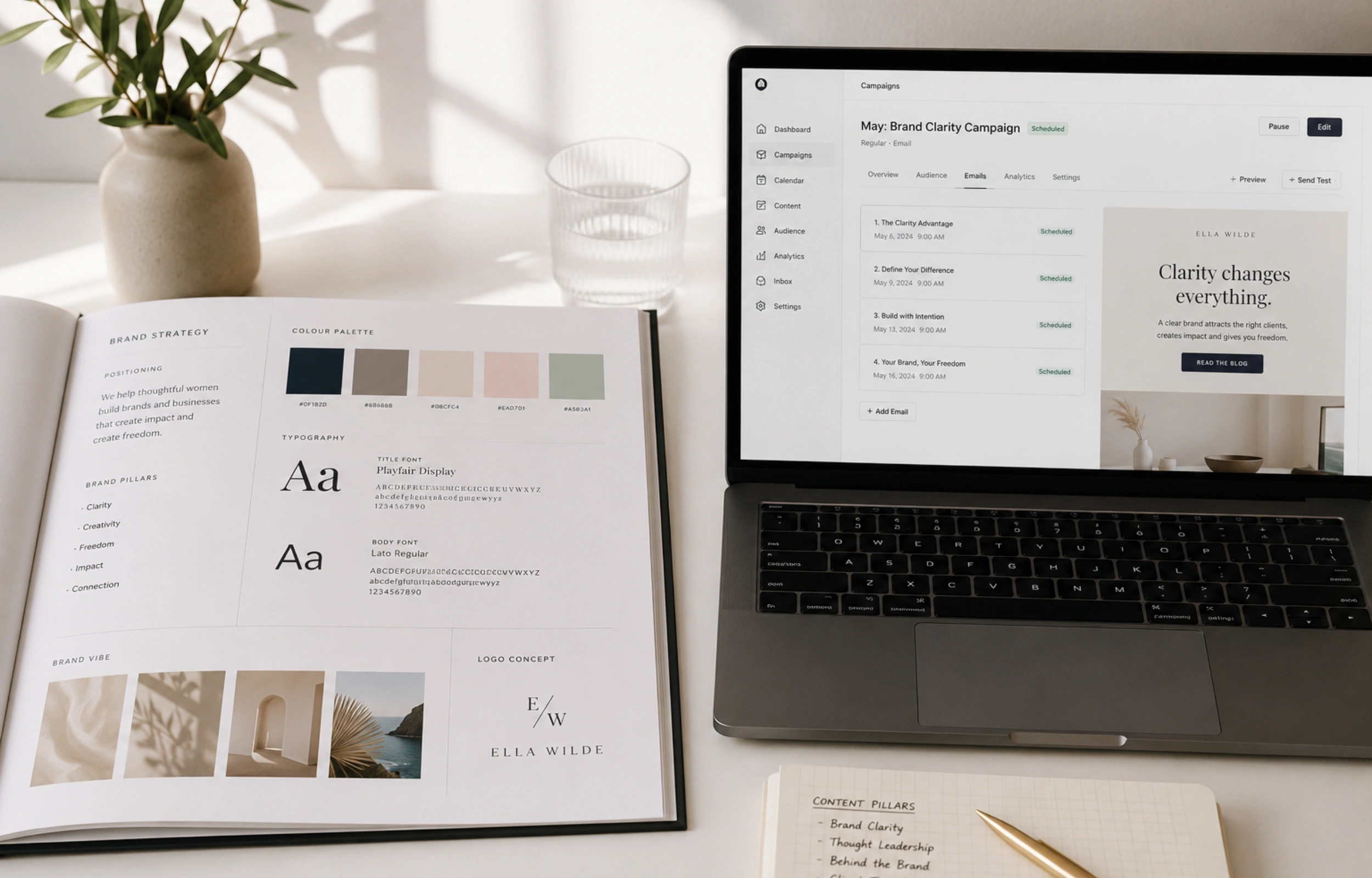 Branding vs marketing: split image showing a brand style guide on the left and a marketing campaign on a laptop on the right, on the same clean desk.