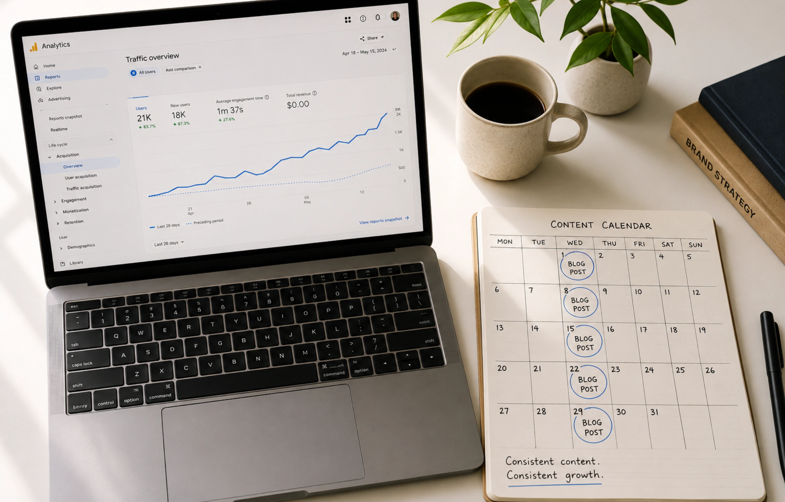 How blogging builds website traffic: laptop showing a rising traffic graph beside a content calendar notebook on a clean white desk.