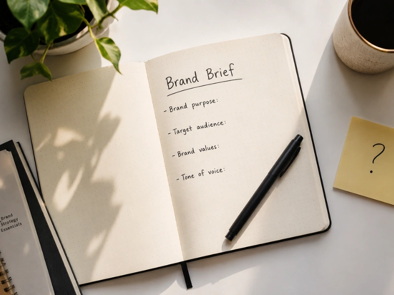 How to know if you're ready to hire a designer: open notebook with 'Brand Brief' written at top and partial handwritten notes, pen resting across the page, white desk, natural light.