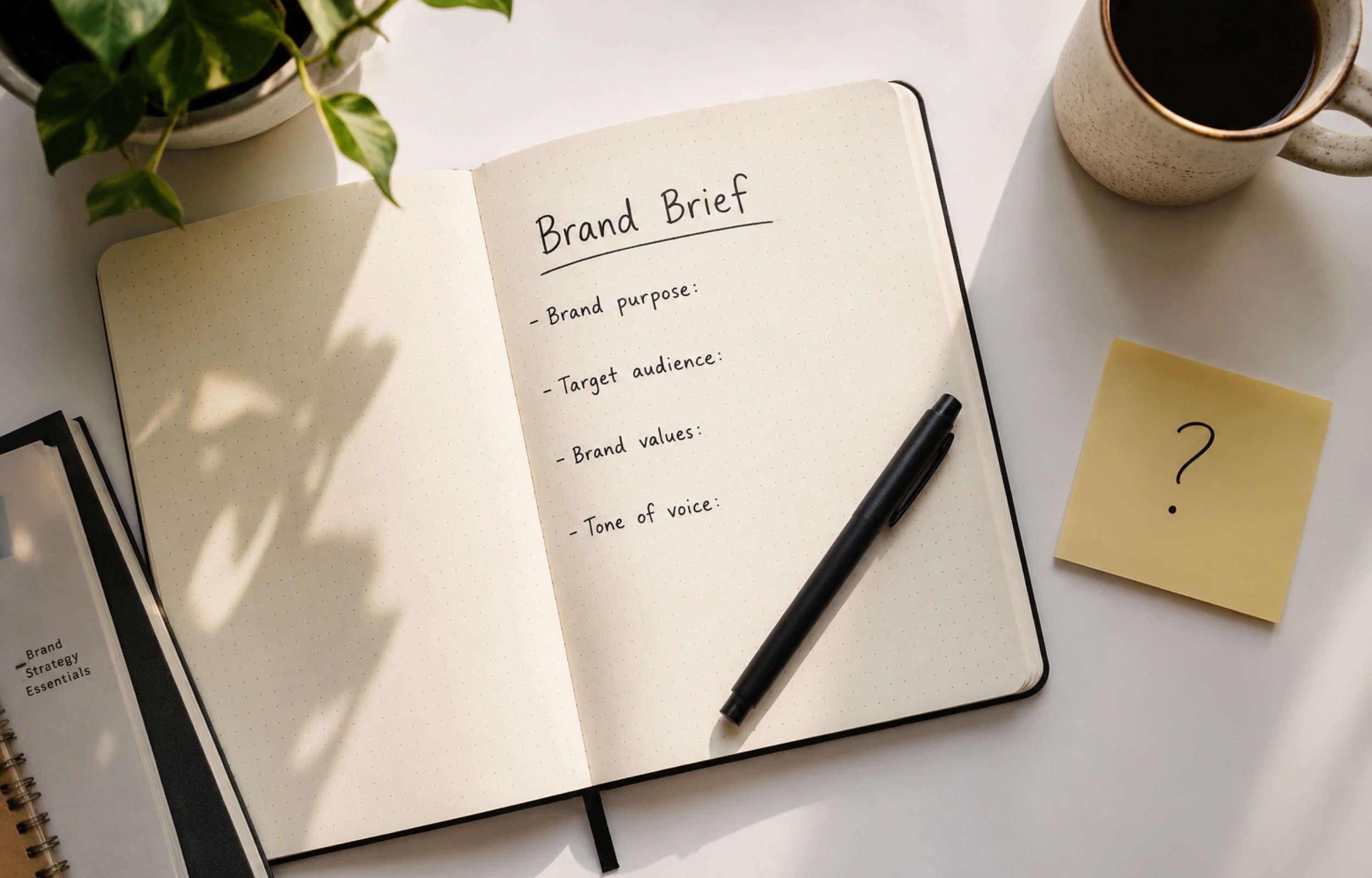 How to know if you're ready to hire a designer: open notebook with 'Brand Brief' written at top and partial handwritten notes, pen resting across the page, white desk, natural light.