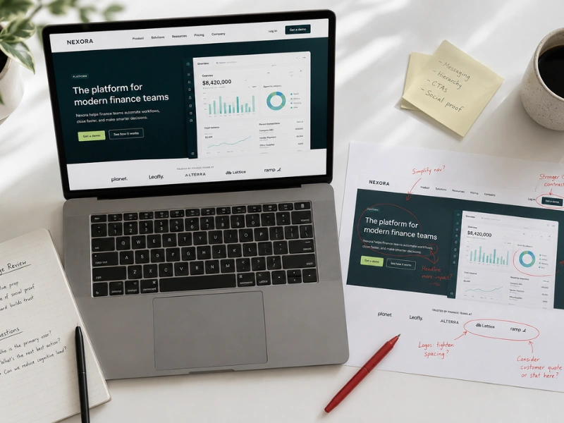 Website mistakes service businesses make: laptop showing a homepage beside a printed screenshot marked up with red pen annotations on a clean white desk.