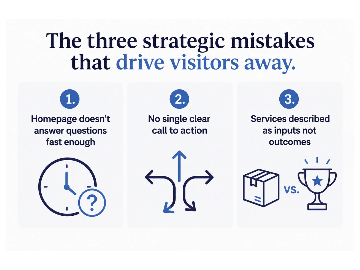 Three-panel graphic showing the strategic website mistakes that cost service businesses the most: slow homepage clarity, no clear CTA, and input-focused service descriptions.