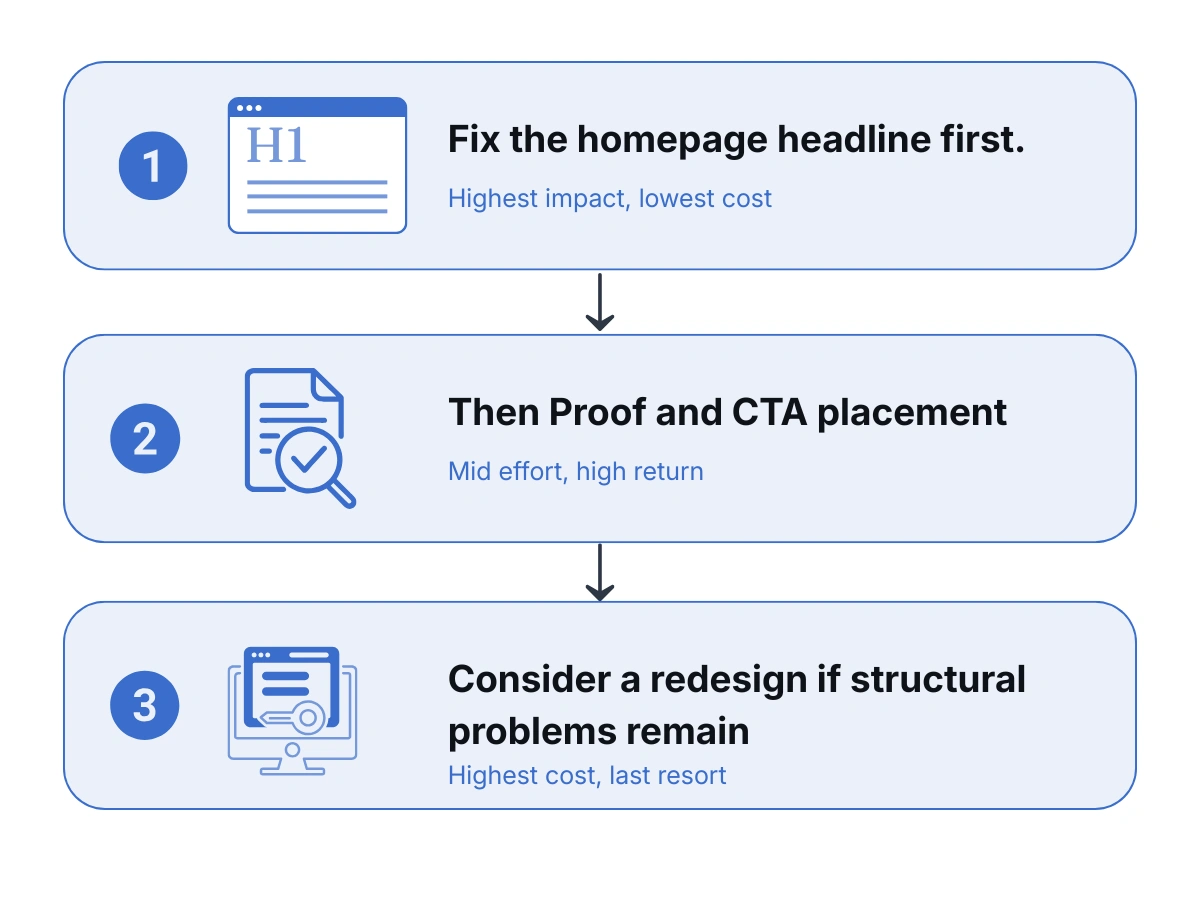 Three-step prioritisation graphic: homepage headline first, then proof and CTA, then redesign only if structural problems remain.