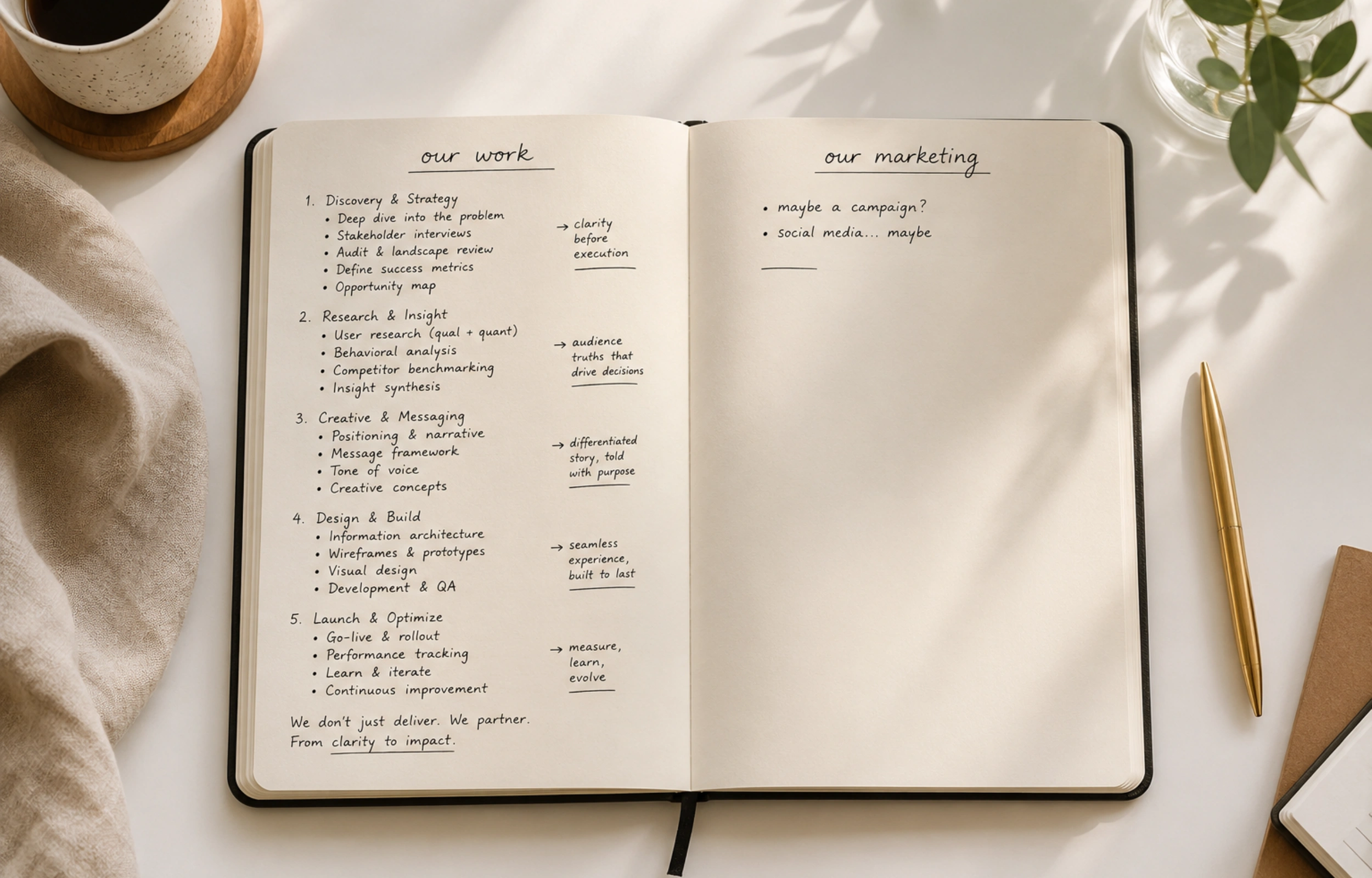 Why purpose-led businesses struggle with marketing: open notebook showing a full 'our work' page beside an almost empty 'our marketing' page on a clean white desk.