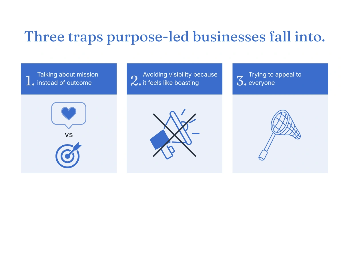 Three-panel graphic showing the marketing traps purpose-led businesses commonly fall into: mission over outcome, avoiding visibility, and trying to appeal to everyone.