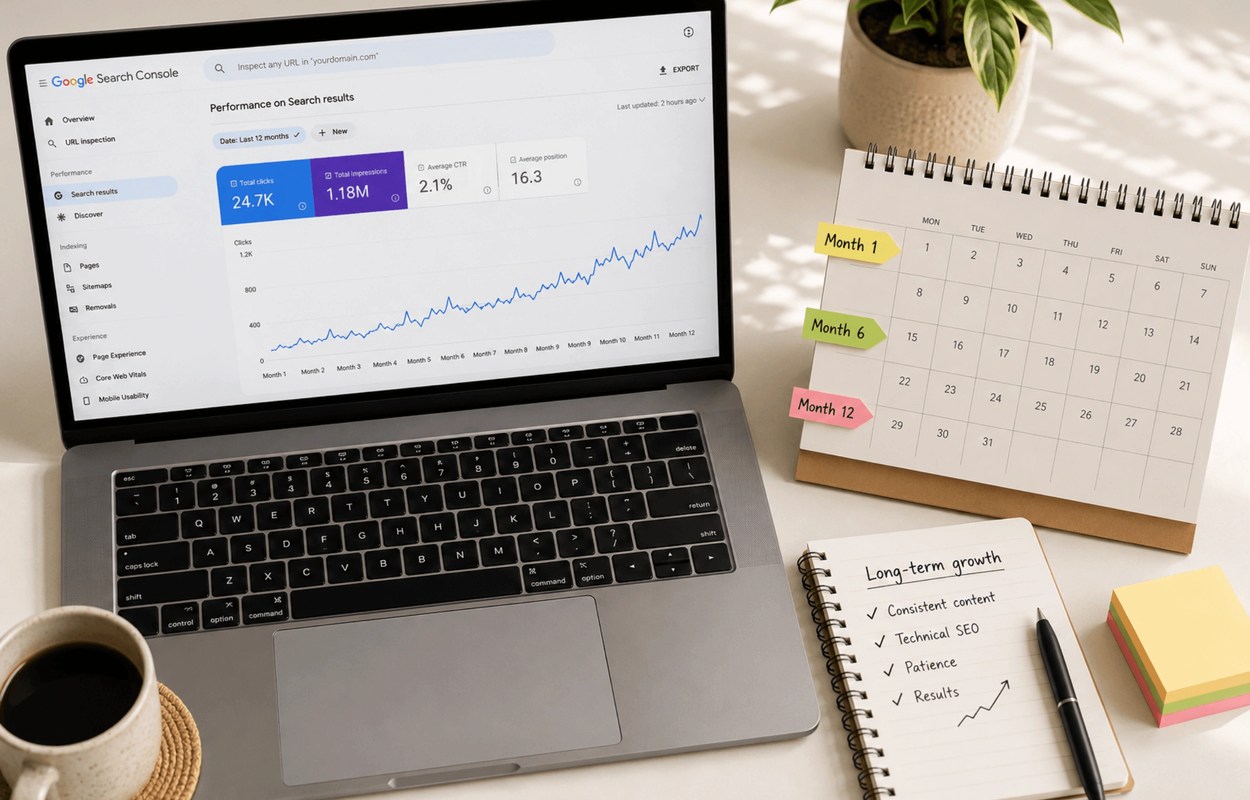 How long does SEO take: laptop showing a twelve-month organic traffic growth graph beside a calendar with monthly milestones marked, clean white desk.