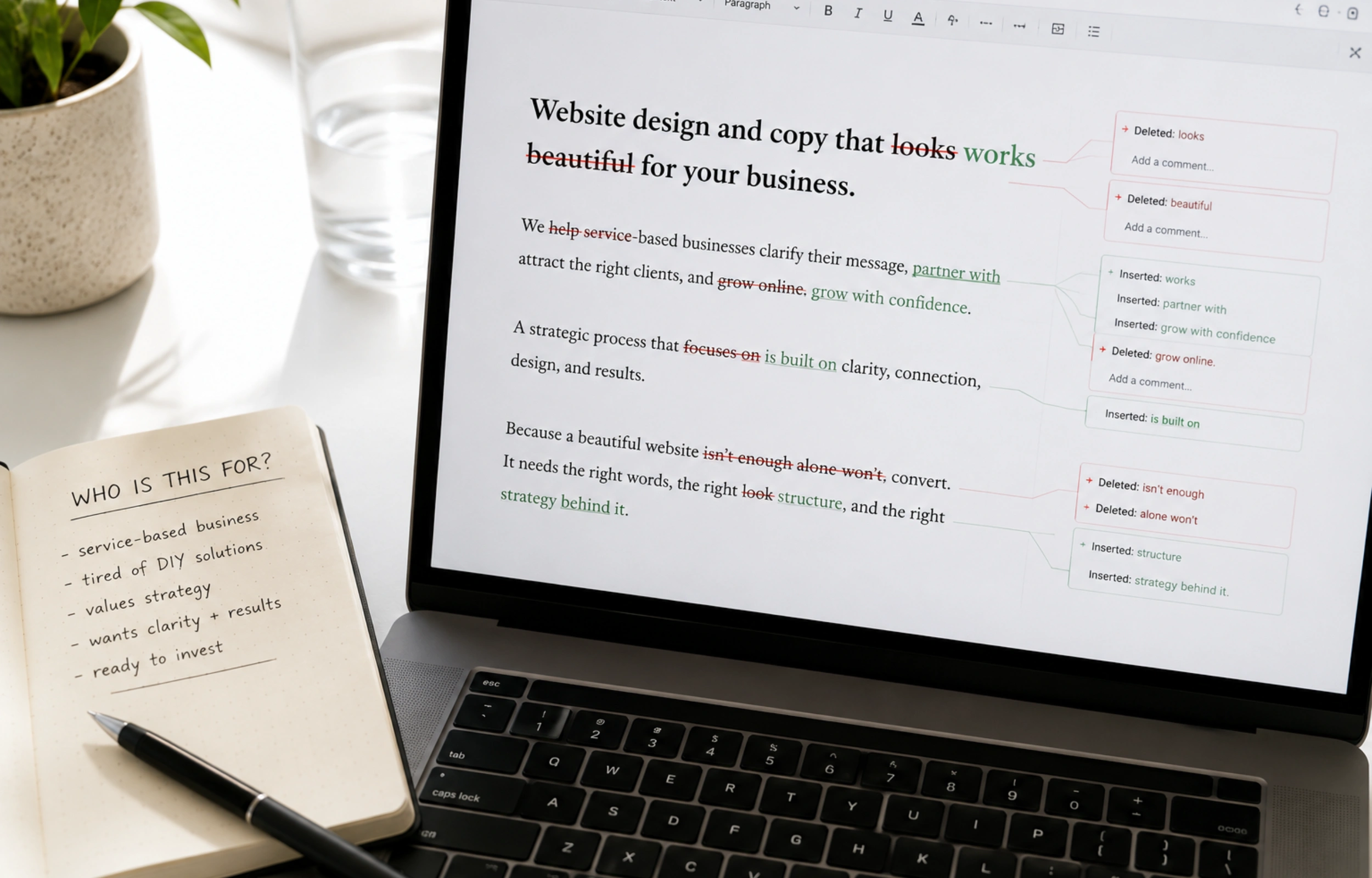 How to write website copy that converts: laptop showing edited website copy beside a notebook with the question who is this for written at the top.