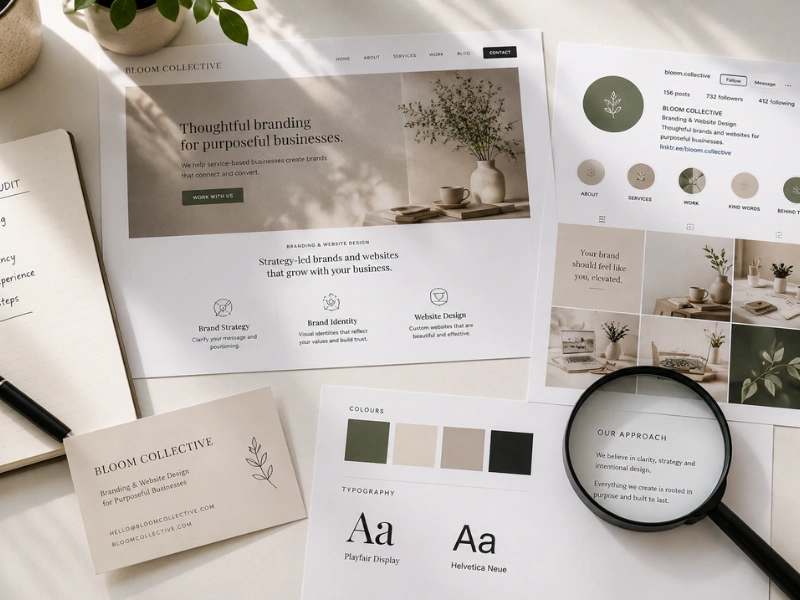 What is a brand audit: printed brand touchpoints including a business card, homepage screenshot, and colour swatch on a white desk with a magnifying glass.
