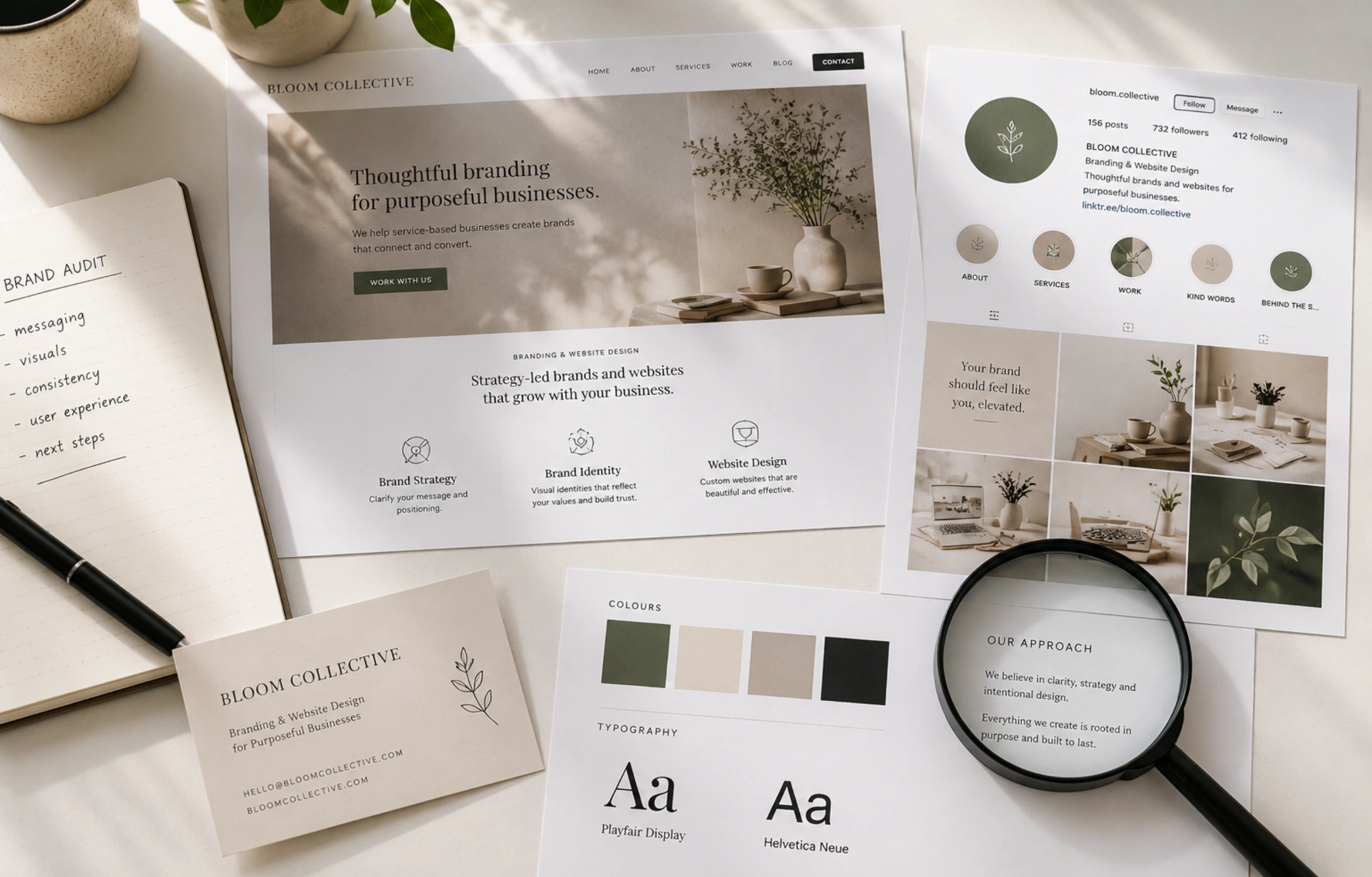 What is a brand audit: printed brand touchpoints including a business card, homepage screenshot, and colour swatch on a white desk with a magnifying glass.