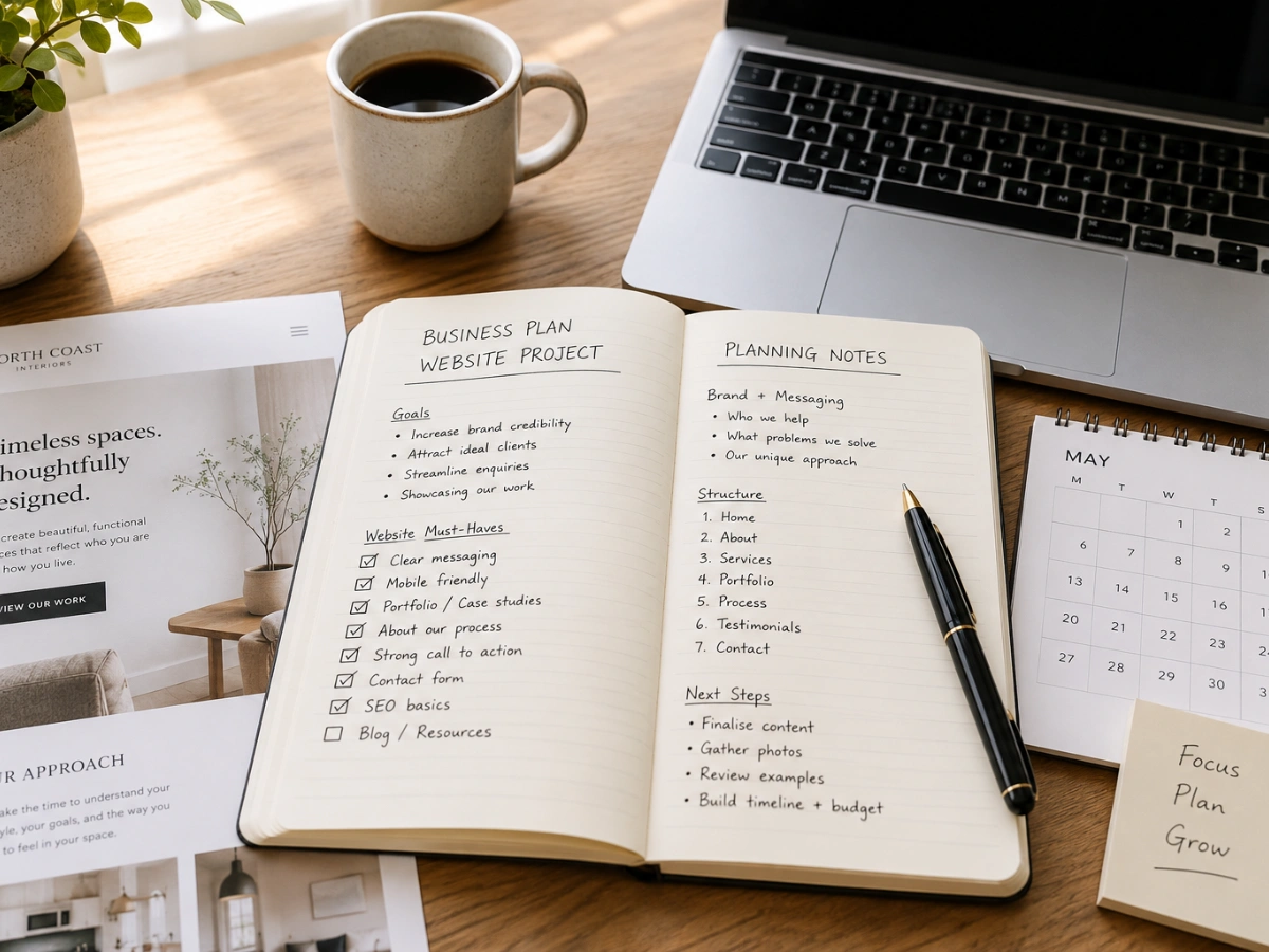 Notebook open to handwritten 'Business Plan Website Project' notes with goals, website must-haves, site structure, and next steps, next to a laptop, calendar, and website mockup.