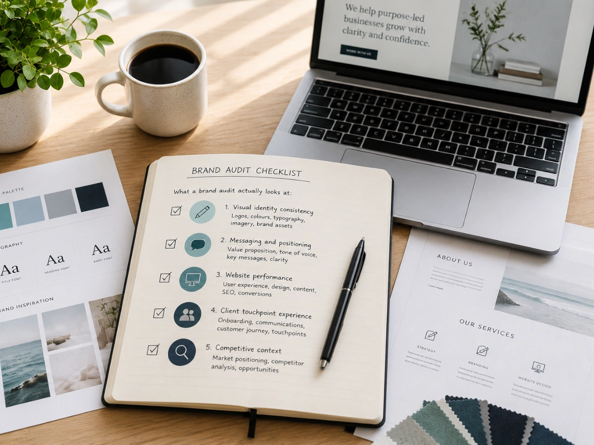 otebook open to a handwritten 'Brand Audit Checklist' listing visual identity, messaging, website performance, client experience, and competitive context, surrounded by brand color swatches, fabric samples, and a laptop showing a website.