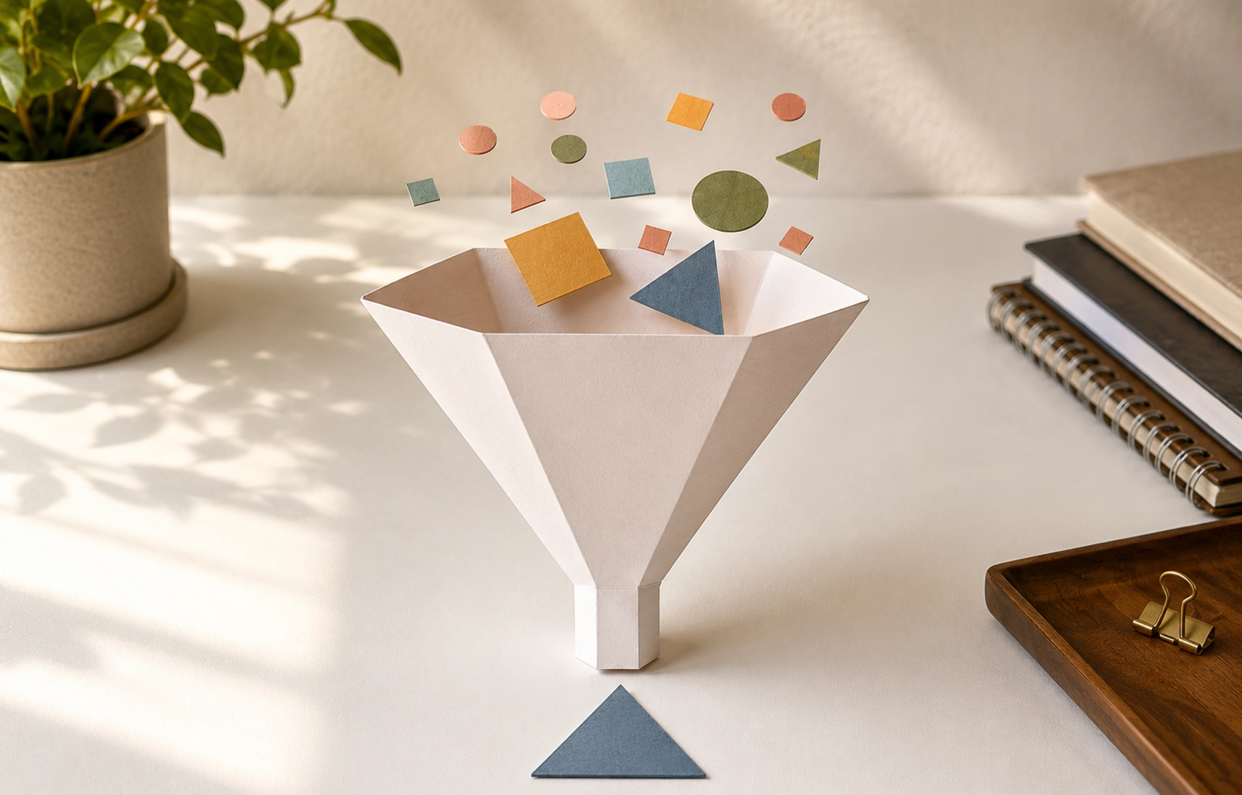How to attract higher quality clients without lowering prices: a paper funnel diagram showing filtering on a clean white desk.