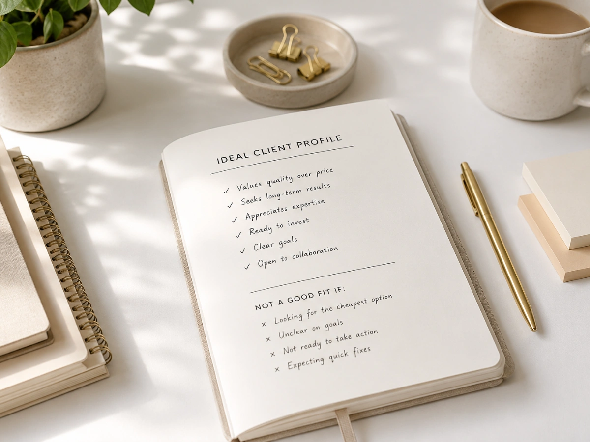 Notebook open to an 'Ideal Client Profile' page listing traits like valuing quality and having clear goals, alongside a 'Not a Good Fit If' checklist, with coffee and stationery nearby.