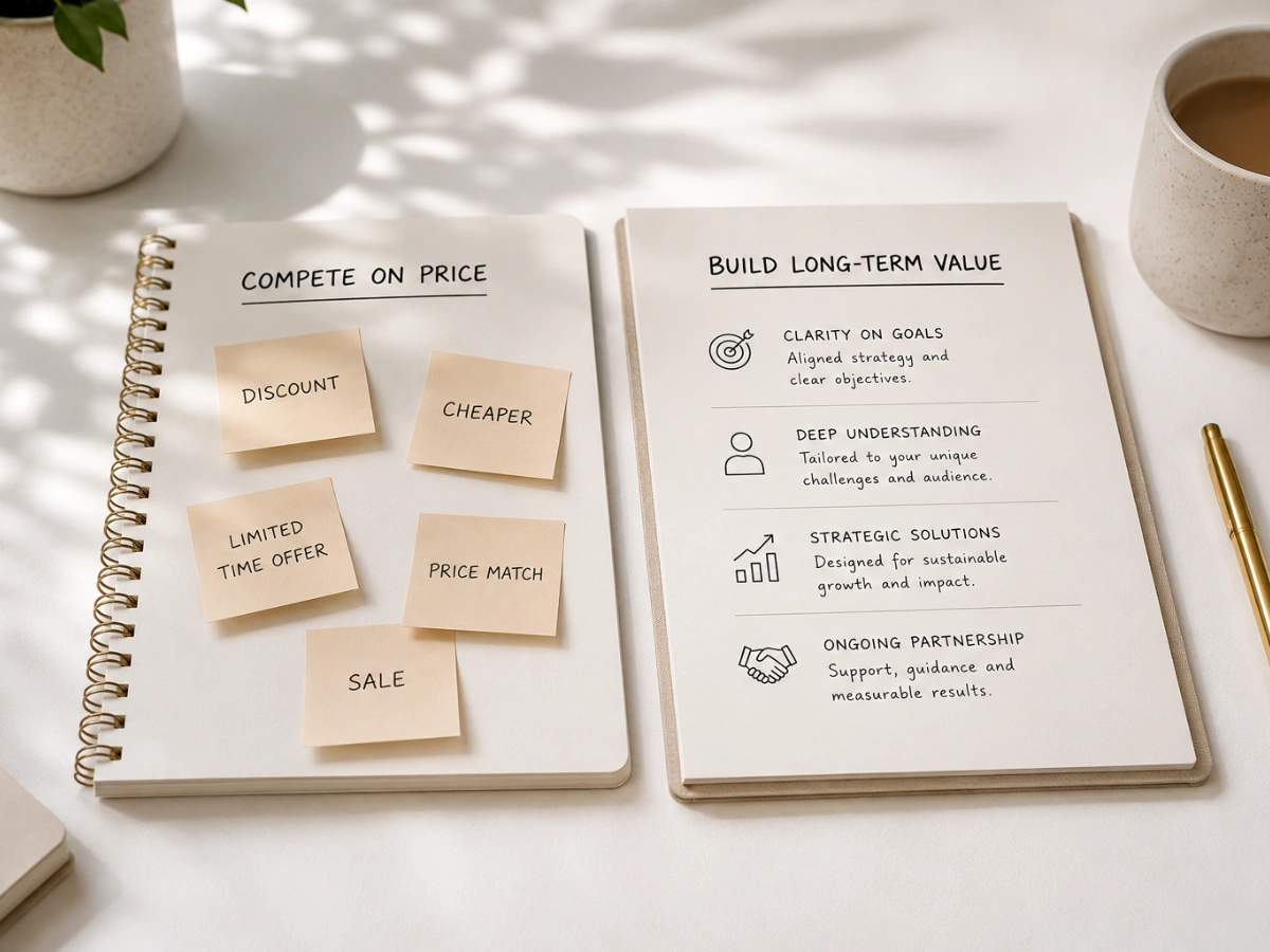 Two notebooks side by side comparing 'Compete on Price' sticky notes like discount and sale with a 'Build Long-Term Value' list covering clarity, understanding, strategic solutions, and partnership.