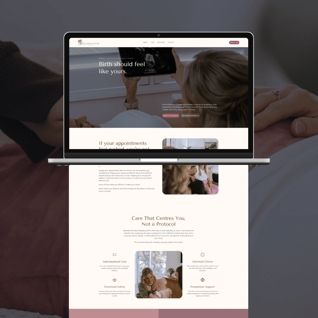 Laptop mockup displaying the full Beneath the Palms Midwifery homepage, including the hero section and the four pillars of emotionally safe midwifery care