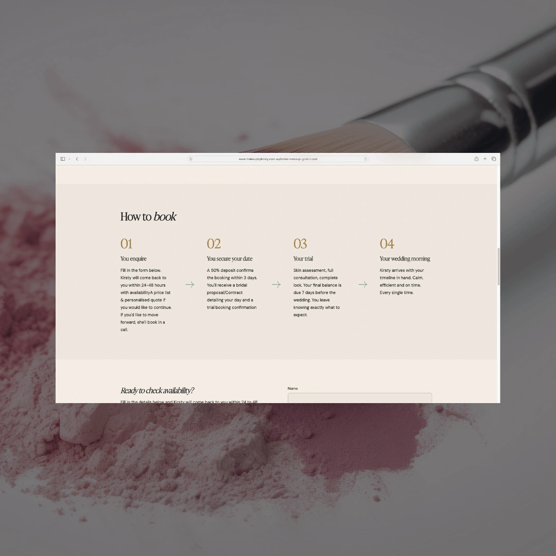 Browser window mockup over a makeup brush and pressed powder background, displaying the four-step "How to Book" process on the Make Up by Kirsty bridal page