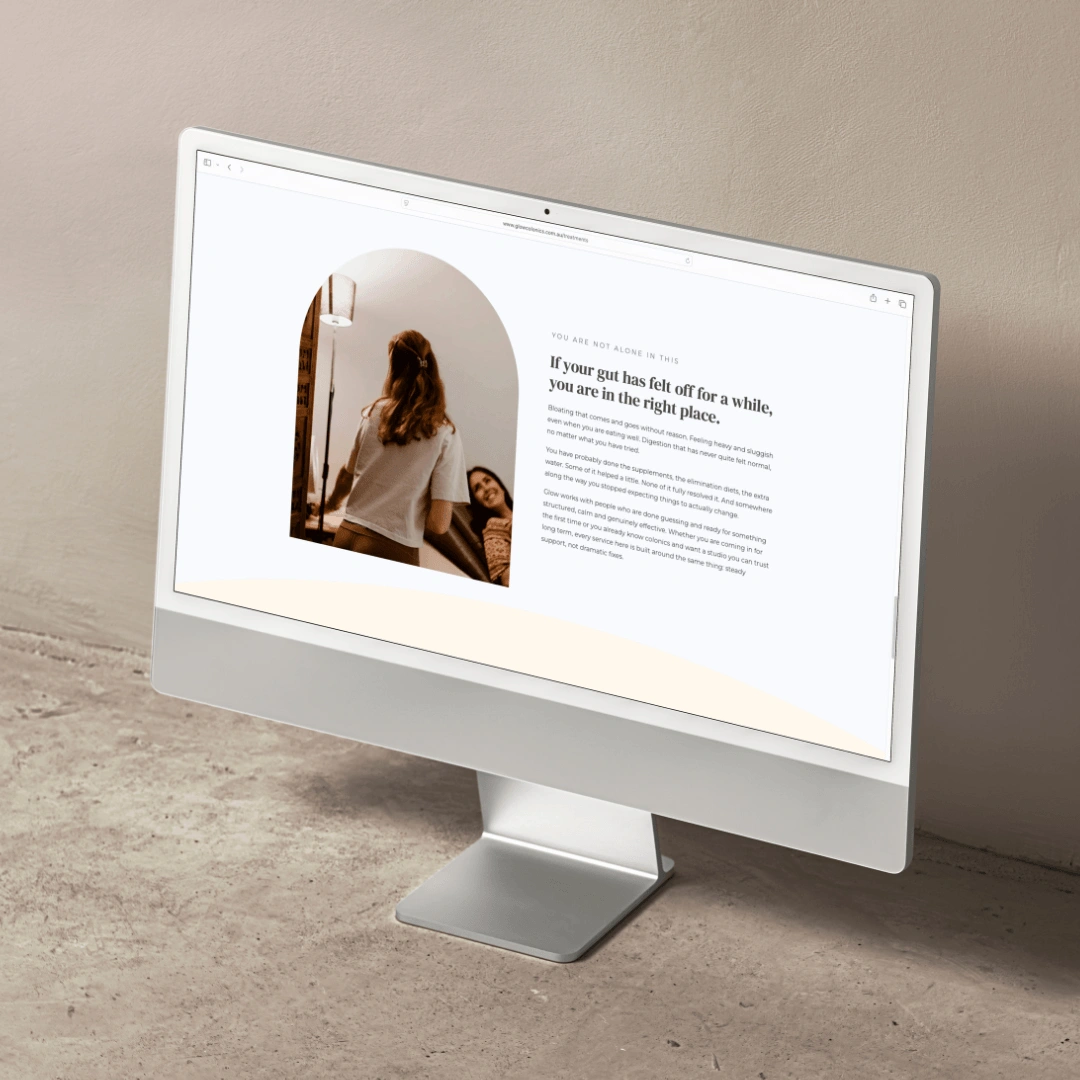Desktop monitor mockup displaying the "If your gut has felt off for a while, you are in the right place" section of the Glow Colonics website