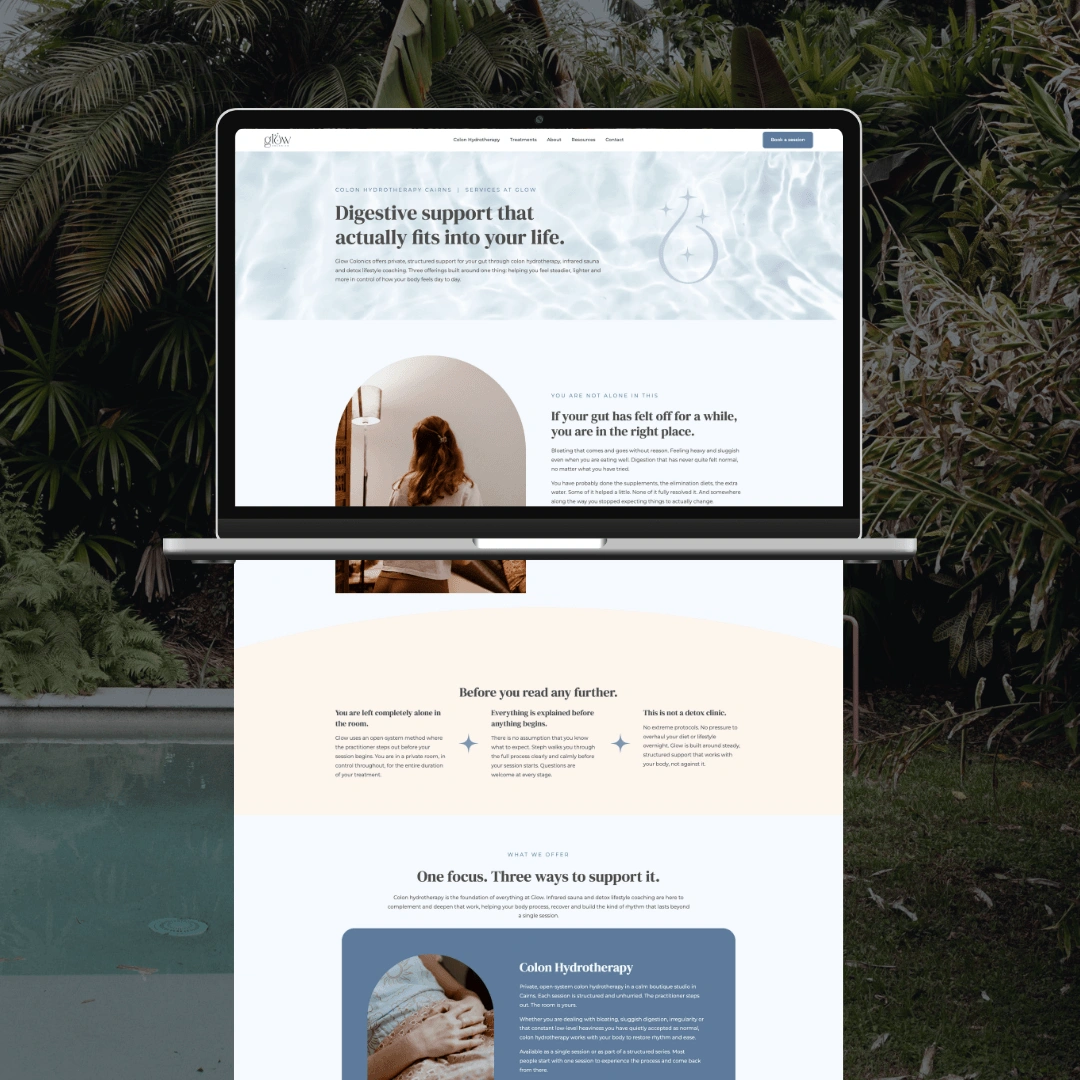 Laptop mockup set against a tropical garden background displaying the full Glow Colonics homepage, including the hero section and service overview