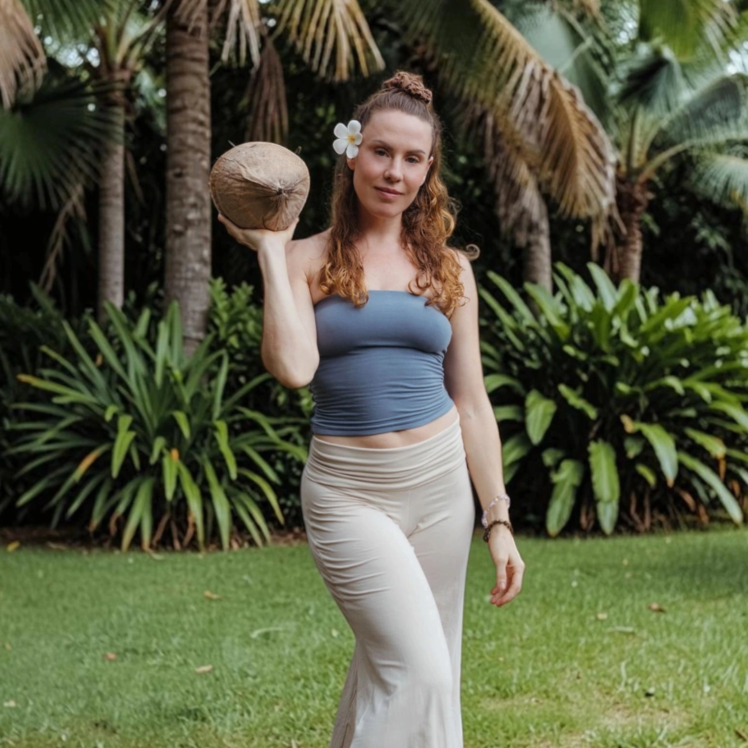 Steph, owner of Glow Colonics, holding a coconut in a tropical garden.