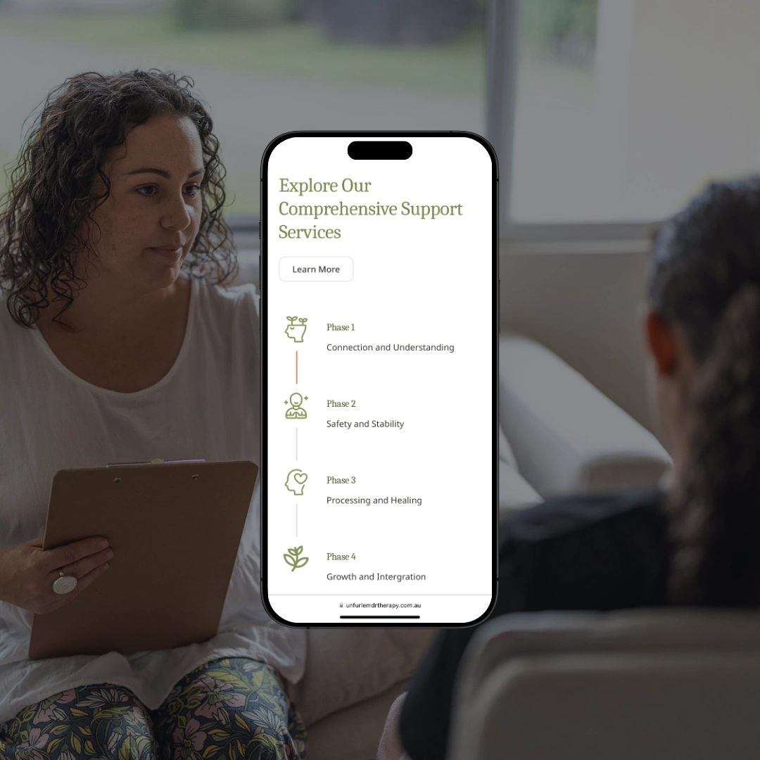 Mobile view of the Unfurl Therapy and Counselling services page overlaid on a counselling session.