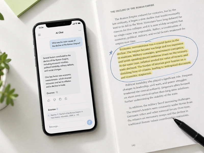 Smartphone displaying an AI chat answer beside an open book with highlighted source material, illustrating how answer engines summarise trusted information.