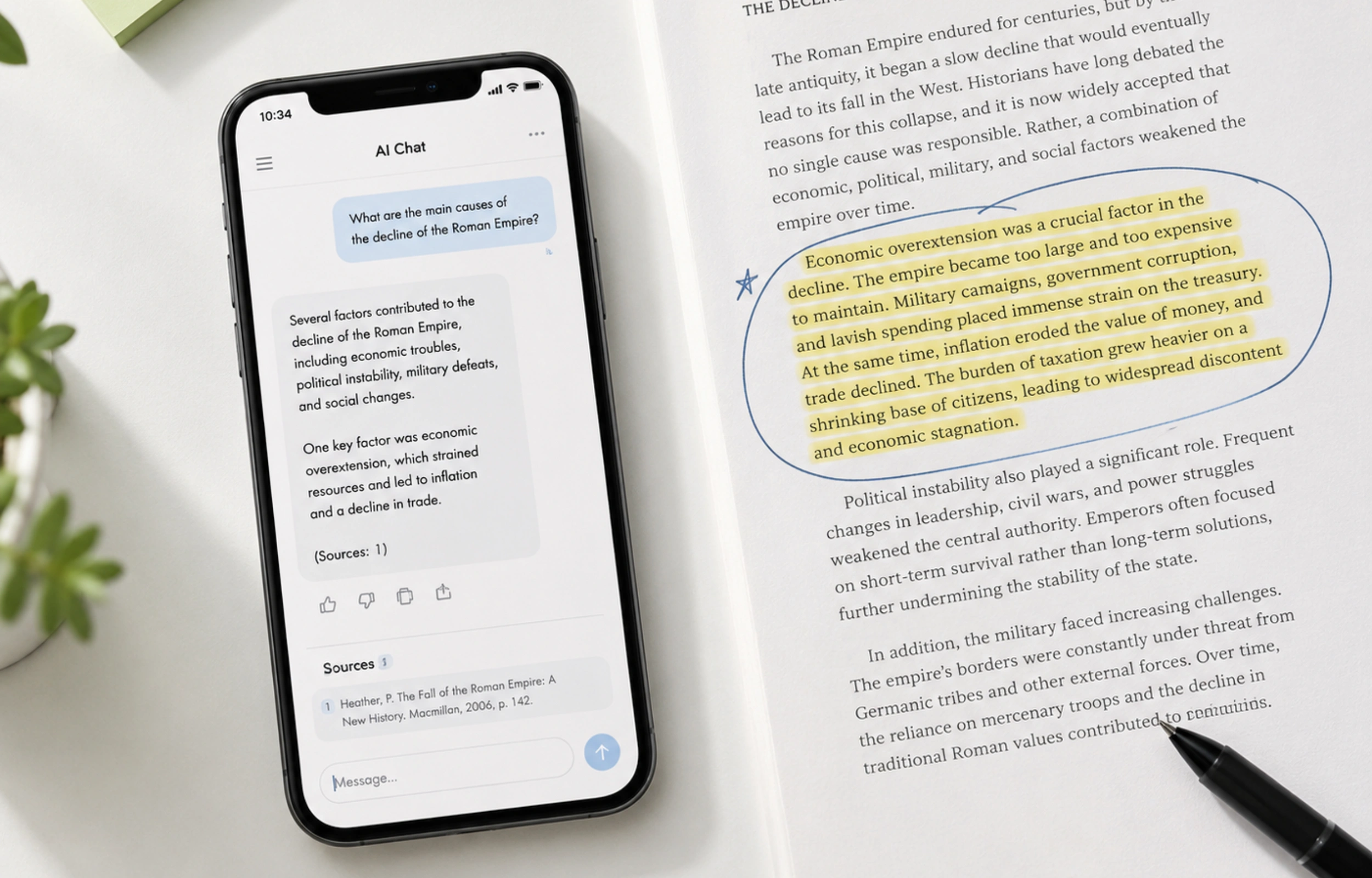 Smartphone displaying an AI chat answer beside an open book with highlighted source material, illustrating how answer engines summarise trusted information.