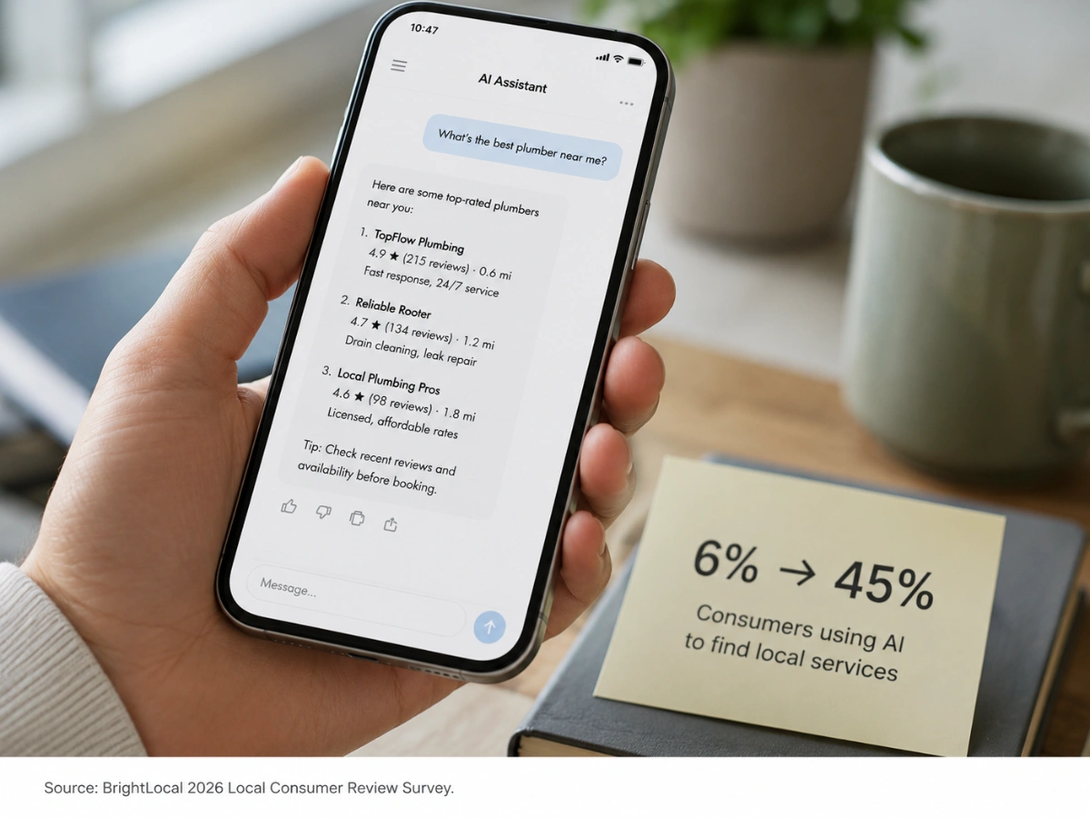 Hand holding a smartphone showing an AI assistant recommending local plumbers, with a note highlighting the rise in consumers using AI to find local services.