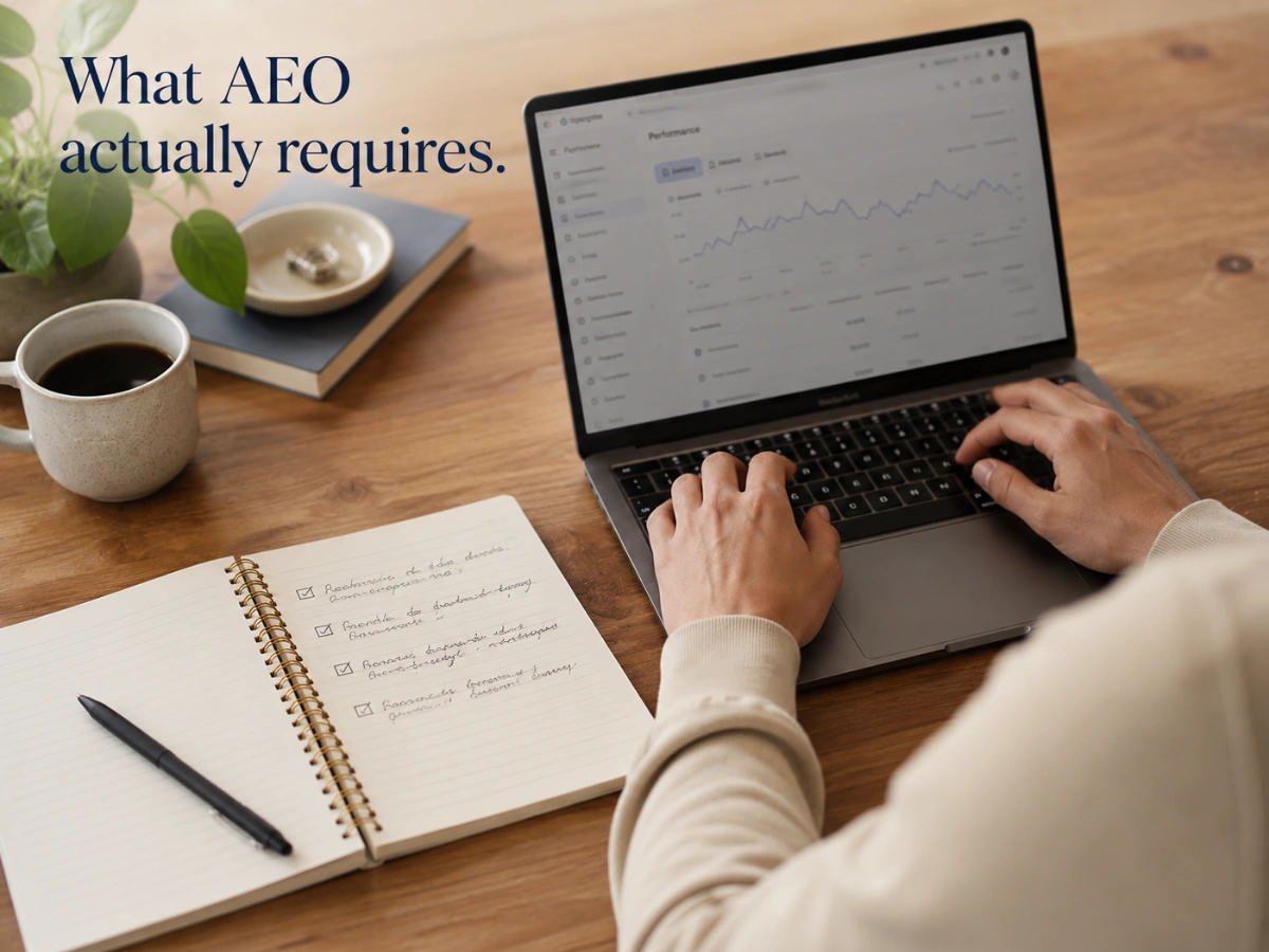 Person reviewing website performance on a laptop with an SEO checklist notebook, illustrating the work required to improve Answer Engine Optimisation (AEO).