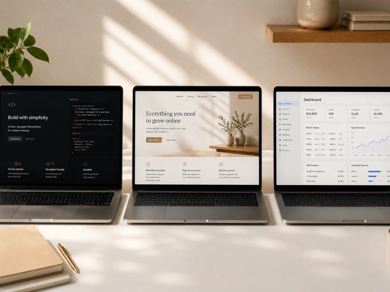 Three laptops side by side displaying a code editor, a website template, and an ecommerce sales dashboard, representing different website platform approaches