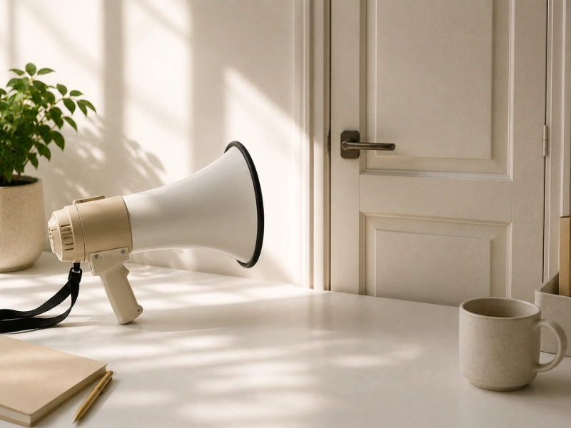 A megaphone pointed toward a closed door on a sunlit desk, symbolising marketing effort met with no response