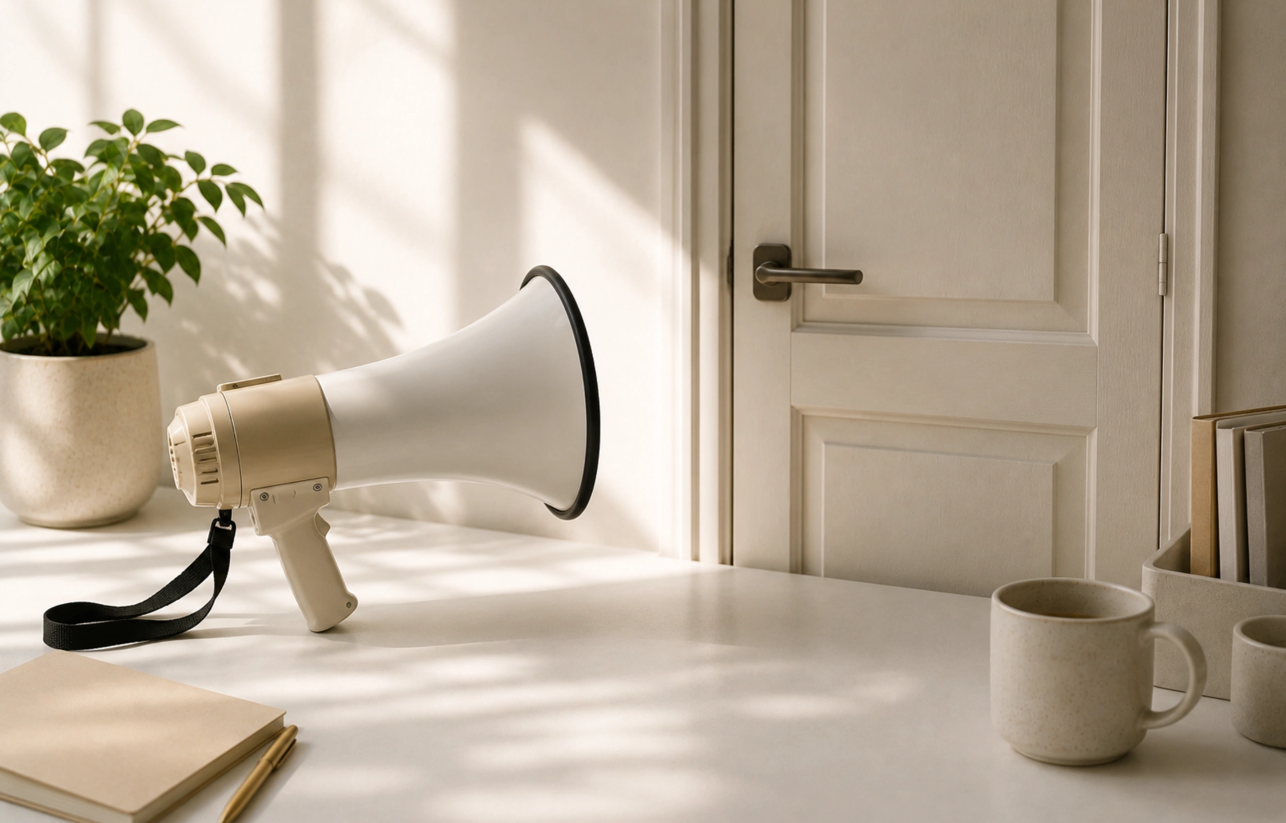 A megaphone pointed toward a closed door on a sunlit desk, symbolising marketing effort met with no response
