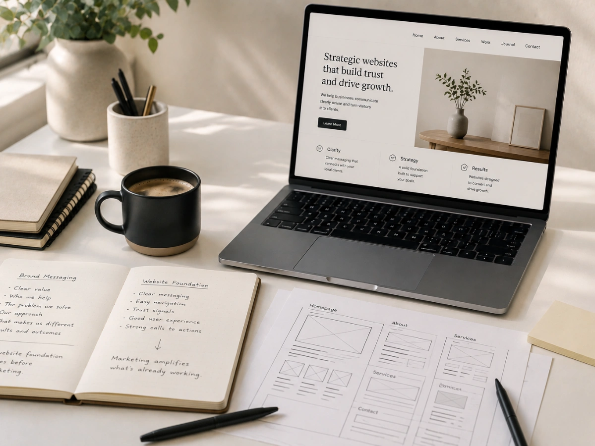 Laptop displaying a website homepage with the headline "Strategic websites that build trust and drive growth," next to handwritten notes on brand messaging and website foundation, and printed wireframe sketches